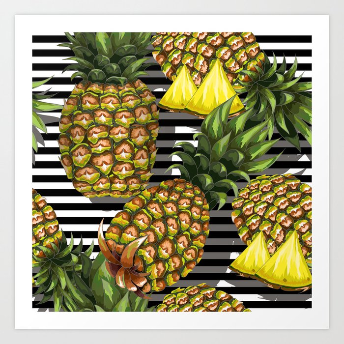 Summer seamless pattern with handdrawn pineapple on striped back Art Print