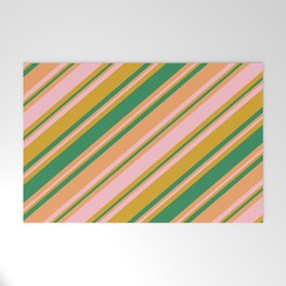 [ Thumbnail: Goldenrod, Sea Green, Brown, and Pink Colored Striped/Lined Pattern Welcome Mat ]