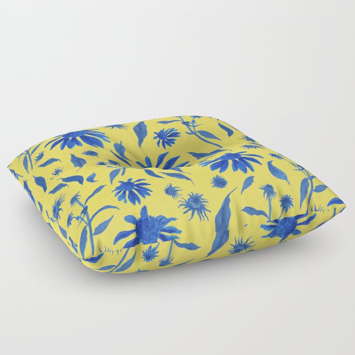 Elegant Blue Yellow Cone Flowers Floral Pattern Floor Pillow