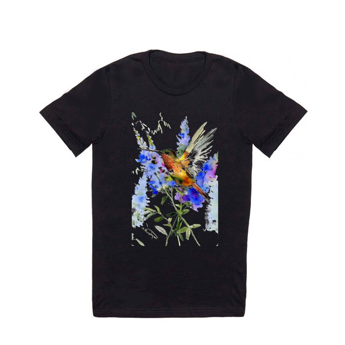 Alen's Hummingbird and Blue Flowers, floral bird design birds, watercolor floral bird art T Shirt