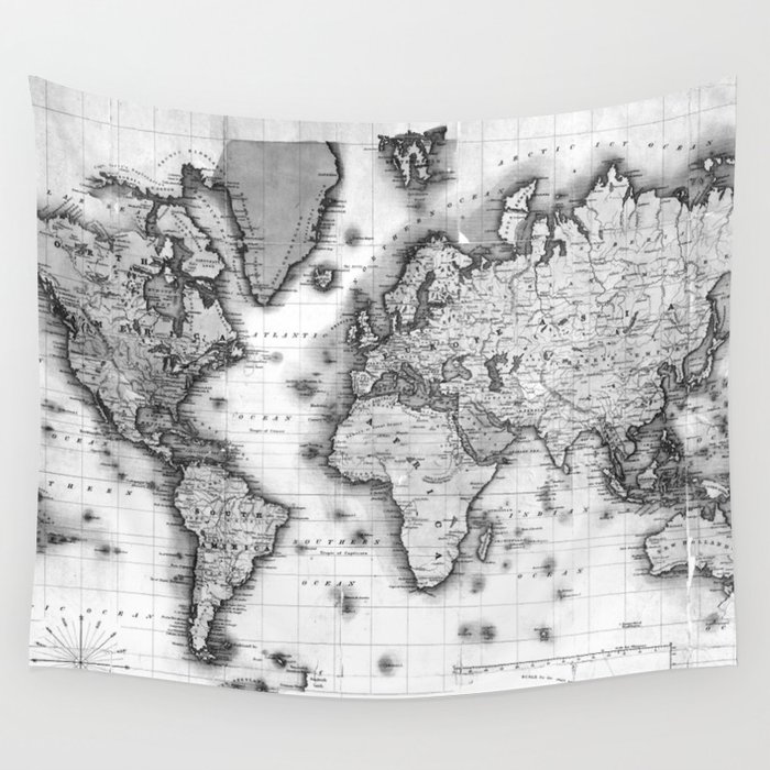 Black and white world map tapestry cheap