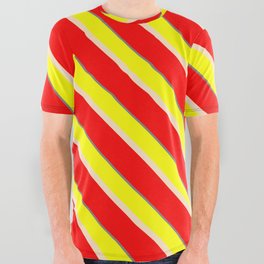 [ Thumbnail: Yellow, Bisque, Red & Gray Colored Striped/Lined Pattern All Over Graphic Tee ]