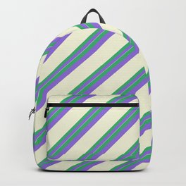 [ Thumbnail: Sea Green, Purple & Beige Colored Stripes/Lines Pattern Backpack ]