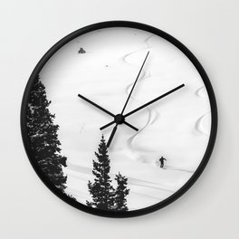 Backcountry Skier // Fresh Powder Snow Mountain Ski Landscape Black and White Photography Vibes Wall Clock