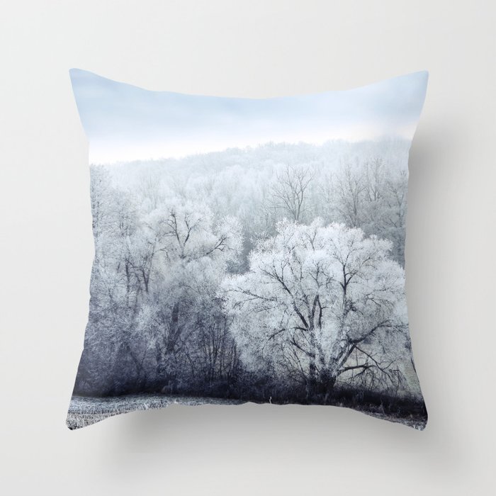 Foggy Winter Landscape with snow covered Trees Throw Pillow