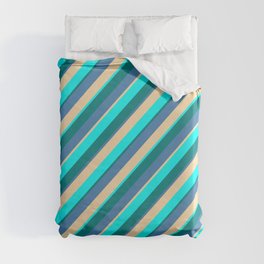 [ Thumbnail: Blue, Tan, Aqua, and Teal Colored Striped/Lined Pattern Duvet Cover ]