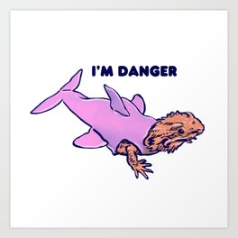 hand drawn bearded dragon lizard in a cute pink shark costume saying i'm danger Art Print