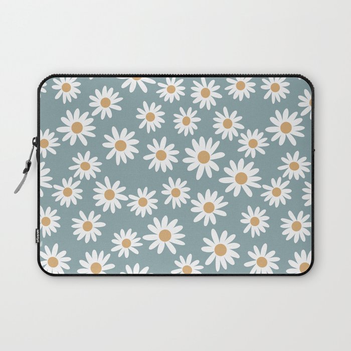 Daisies - daisy floral repeat, daisy flowers, 70s, retro, black, daisy florals dusty blue Laptop Sleeve