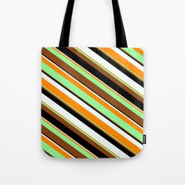 [ Thumbnail: Eyecatching Mint Cream, Dark Orange, Green, Brown, and Black Colored Lines/Stripes Pattern Tote Bag ]