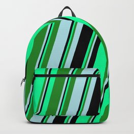 [ Thumbnail: Green, Forest Green, Powder Blue, and Black Colored Striped/Lined Pattern Backpack ]