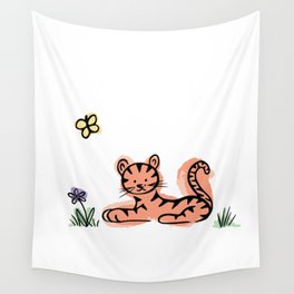 Baby Tiger with Purple Flower Wall Tapestry