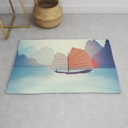 Chinese Boat on the water Rug | Painting, Digital, Hazy, Landscape, Sea, Asia, Dreamy, Mixedmedia, Seaside, Chinesejunk 