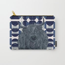 Fluffy highlands cow from Scotland on a modern geometric semi-circle pattern background - Blue Carry-All Pouch