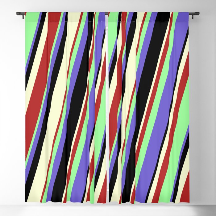 Green, Slate Blue, Black, Light Yellow, and Red Colored Stripes Pattern Blackout Curtain