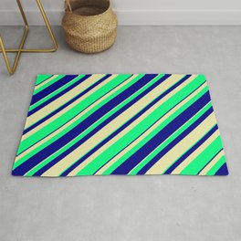 [ Thumbnail: Pale Goldenrod, Green, and Blue Colored Stripes/Lines Pattern Rug ]