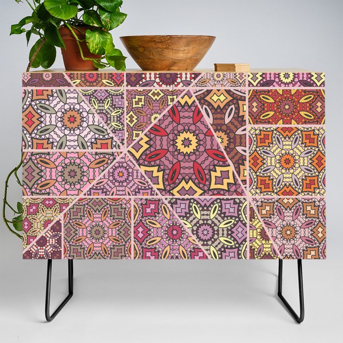 Vintage patchwork quilt pattern. Vintage decorative collage. Hand drawn background. Indian, Arabic, Turkish motifs. Abstract colorful doodle pattern in mosaic style Credenza