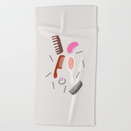 MARI's hair brush collection, girly illustration, beauty art print Beach Towel