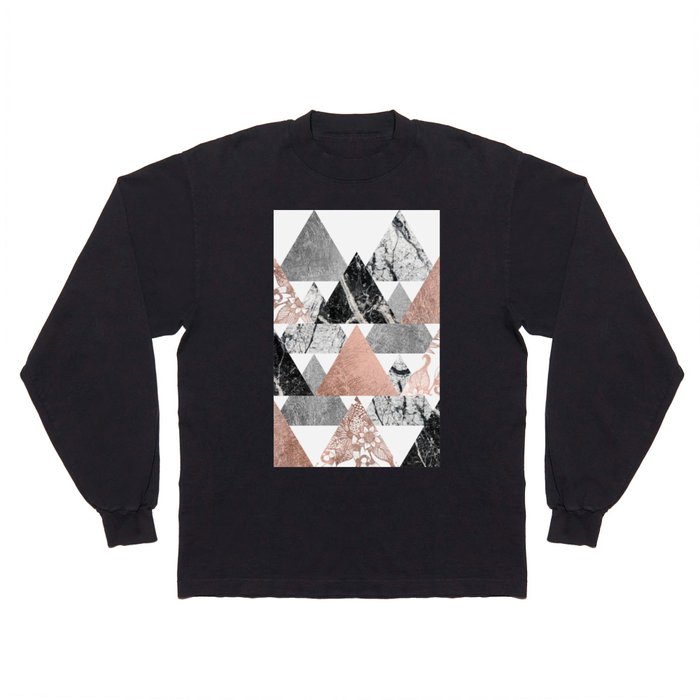 Marble Rose Gold Silver and Floral Geo Triangles Long Sleeve T Shirt