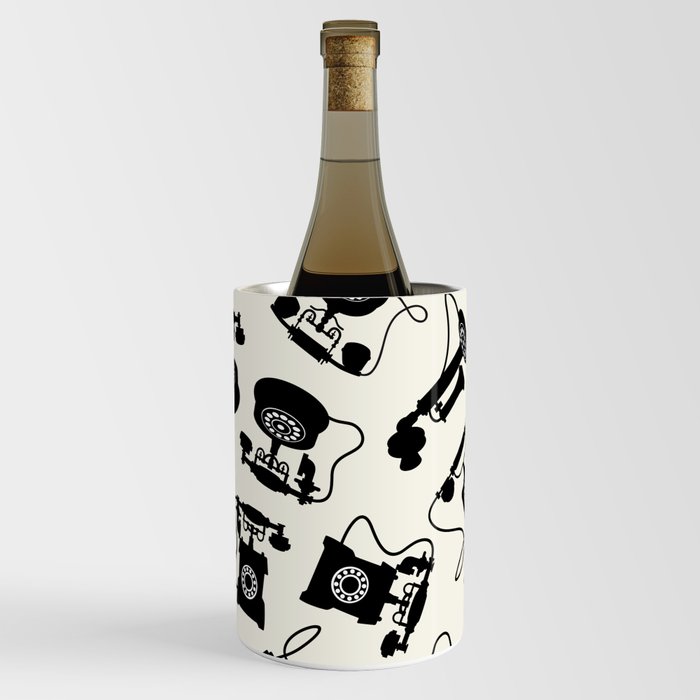 Black Vintage Rotary Dial Telephone Pattern on Cream Off-White Wine Chiller