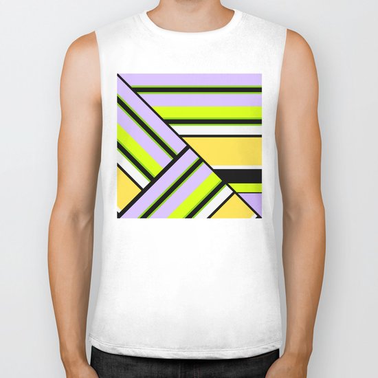Striped , multi-colored , asymmetric combination pattern . Patchwork . Biker Tank
