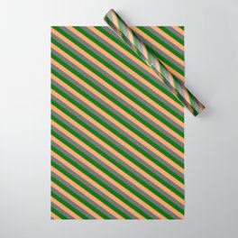 [ Thumbnail: Dark Green, Brown, and Dim Grey Colored Lined Pattern Wrapping Paper ]