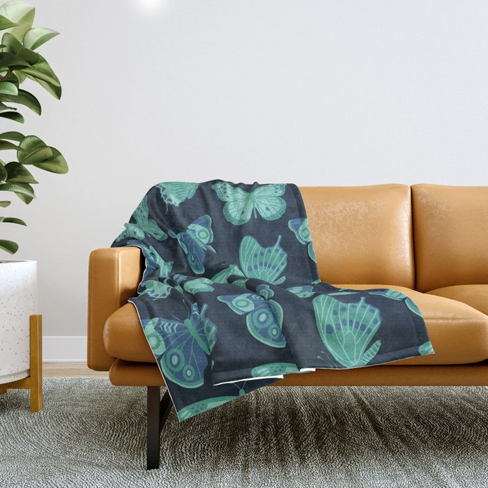 Texas Butterflies – Green and Blue on Navy Pattern Throw Blanket