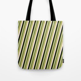 [ Thumbnail: Green, Dark Khaki, Beige & Black Colored Stripes/Lines Pattern Tote Bag ]