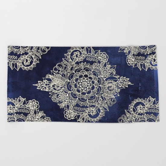 Cream Floral Moroccan Pattern on Deep Indigo Ink Beach Towel