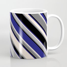 [ Thumbnail: Eye-catching Midnight Blue, Beige, Dark Grey, Dim Grey & Black Colored Striped Pattern Coffee Mug ]