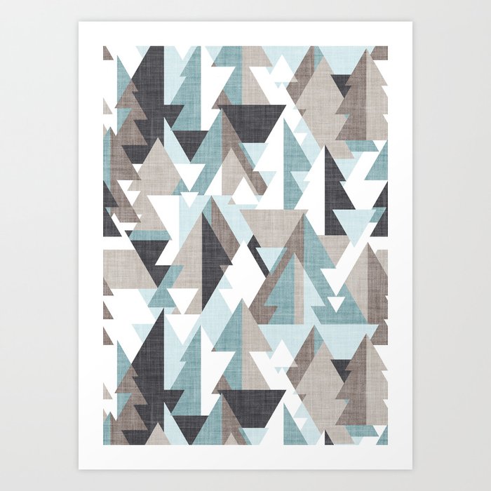 Geo forest // duck egg and oyster green mulled wine and almond frost brown and stark white geometric triangular pine trees Art Print