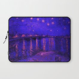 Starry Night Over the Rhone landscape painting by Vincent van Gogh in alternate midnight blue with pink stars Laptop Sleeve