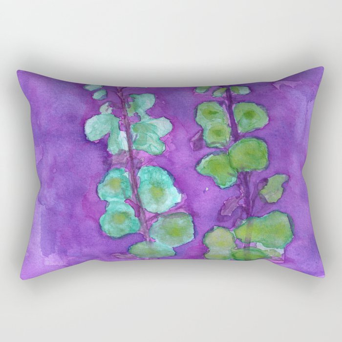 Hollyhock Foxglove Watercolor Indigo Turquoise Moss Rectangular Pillow
