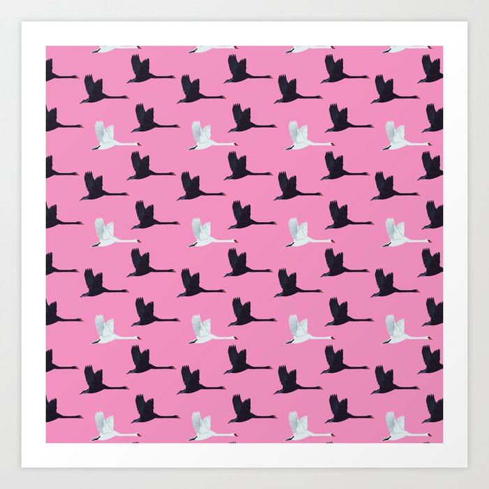 Flying Elegant Swan Pattern on Pink Background Art Print