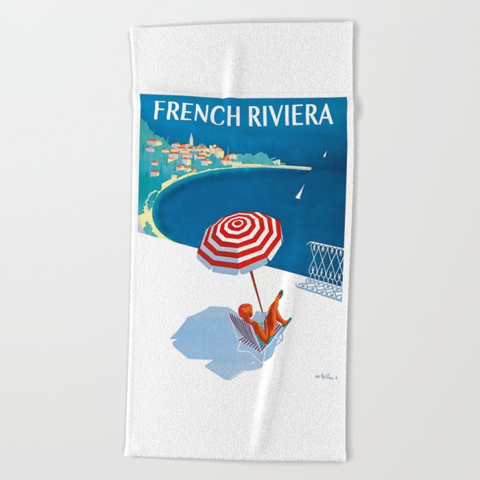 1954 FRENCH RIVIERA Travel Poster Beach Towel
