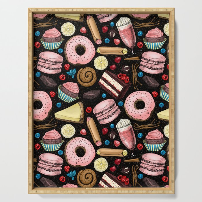 Sweet treats, Pink and blue on black Serving Tray
