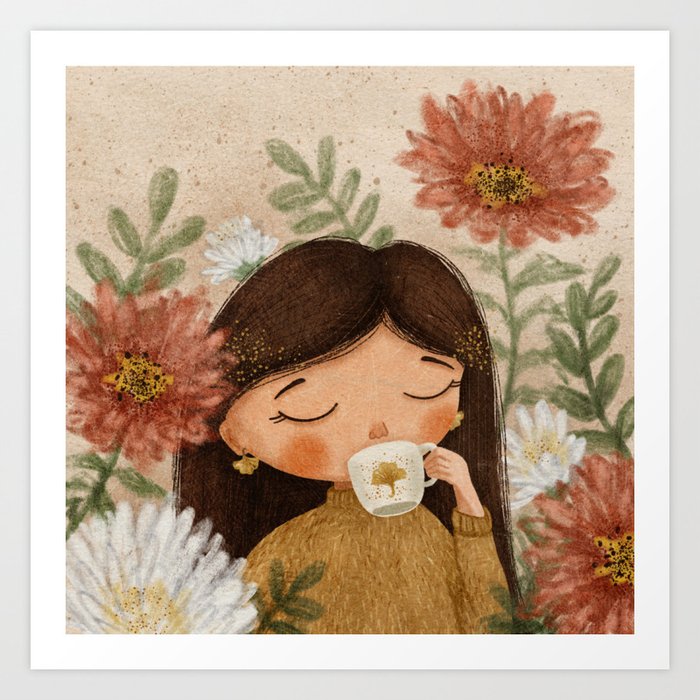 Cute Girl Drinking Tea // Fall Flowers Art Print