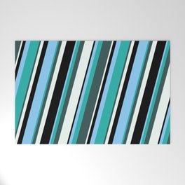 [ Thumbnail: Light Sky Blue, Light Sea Green, Dark Slate Gray, Mint Cream, and Black Colored Pattern of Stripes Welcome Mat ]