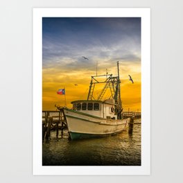 Fishing Boat at Sunrise flying the Texas Flag in the harbor at Aransas Pass Art Print | Water, Marine, Texas, Seascape, Harbor, Fishing, Ocean, Scenic, Corpuschristi, Aransaspass 