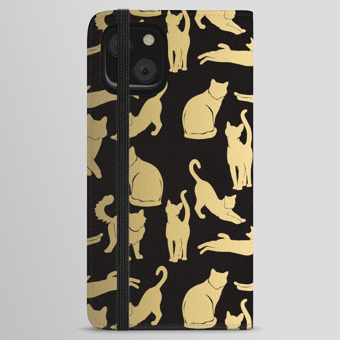 Gold Metallic Cat Silhouette on Black Background iPhone Wallet Case