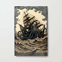 Vintage Kraken Ship Metal Print