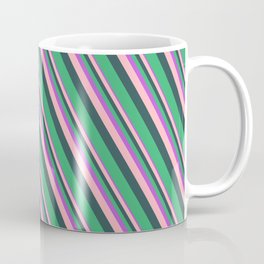 [ Thumbnail: Orchid, Light Pink, Dark Slate Gray, and Sea Green Colored Lines/Stripes Pattern Coffee Mug ]