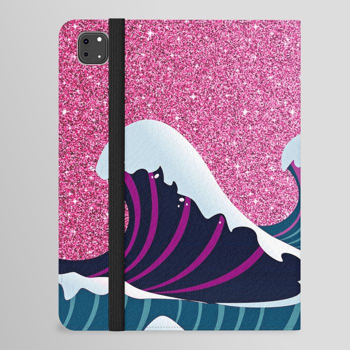 Abstract White Navy Blue Pink Glitter Japanese Waves iPad Folio Case