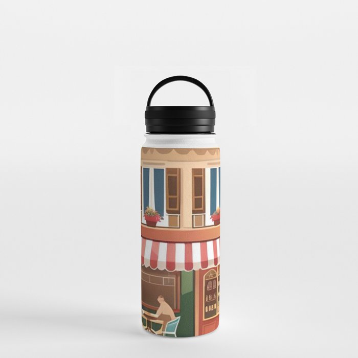 Cute Cafe in Paris Watercolor Digital Art Water Bottle