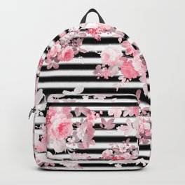 Vintage blush pink floral black white stripes Backpack | Pinkfloral, Floral, Blackwhitestripes, Vintagefloral, Pinkwater, Roses, Blushpink, Botanical, Shabby, Trendy 