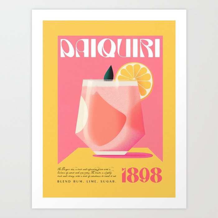 Daiquiri Cocktail 1898 Pink Yellow Print Art Recipe Art Print