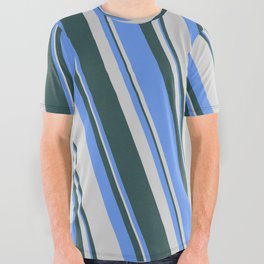 [ Thumbnail: Cornflower Blue, Light Grey & Dark Slate Gray Colored Lines/Stripes Pattern All Over Graphic Tee ]