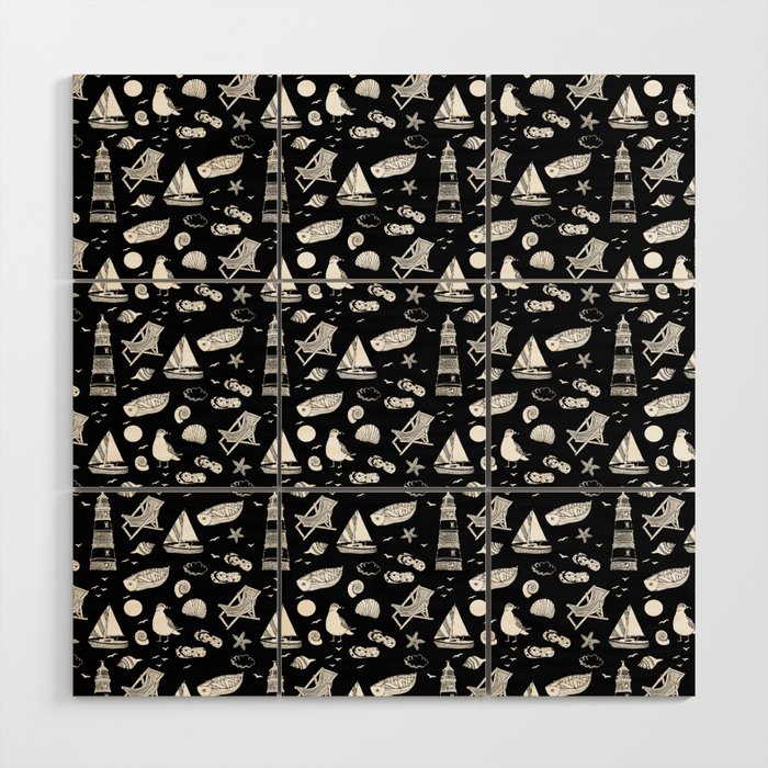 Black And White Summer Beach Elements Pattern Wood Wall Art