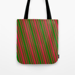 [ Thumbnail: Green and Crimson Colored Lined/Striped Pattern Tote Bag ]