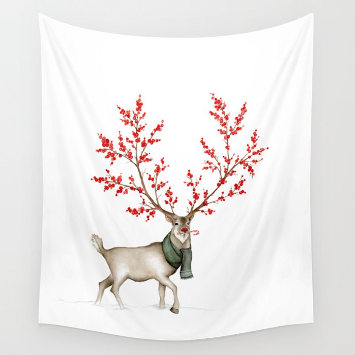 Rudolph the Winterberry Antler'd Reindeer Wall Tapestry