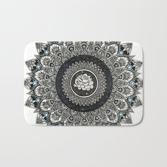 Black and White Flower Mandala with Blue Jewels Bath Mat